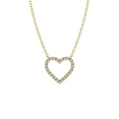 Our Open Pave Heart Pendant Necklace is the perfect piece to wear alone or layer. This necklace features the highest quality USA made lab grown diamonds. Heart-shaped Yellow Gold Diamond Necklace, Heart Shaped Yellow Gold Diamond Necklace, Heart-shaped Yellow Gold Necklace With Diamond Accents, Heart Shaped Yellow Gold Necklace With Single Cut Diamonds, Yellow Gold Heart Cubic Zirconia Necklace, Heart-shaped 14k Gold Diamond Necklace With Accents, 14k Gold Heart Diamond Necklace With Diamond Accents, Heart-shaped Diamond Necklace With 14k Gold, 14k Gold Heart Diamond Necklace With Accents