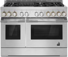 an oven with four burners and two doors on each side, in stainless steel