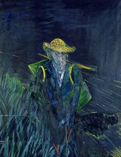 a painting of a man with a straw hat and cane walking through tall grass in the rain