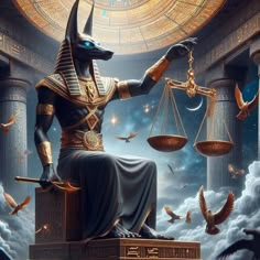 an egyptian god sitting on top of a scale with two birds flying around him and holding the scales