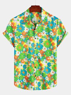 Men's Green Floral Cotton Tropical Hawaiian Shirt – Atlanl Summer Beach Short Sleeve Shirt With Button Closure, Summer Vacation Short Sleeve Shirt With Button Closure, Button Closure Short Sleeve Shirt For Summer Vacation, Summer Short Sleeve Button-up Shirt For Beach, Summer Vacation Button-up Short Sleeve Shirt, Collared Shirt For Summer Vacation, Collared Summer Vacation Shirt, Summer Printed Hawaiian Button-up Shirt, Summer Collared Camp Shirt For Beach