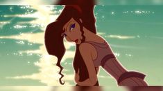 an animated image of a woman with long hair and blue eyes standing in front of the ocean