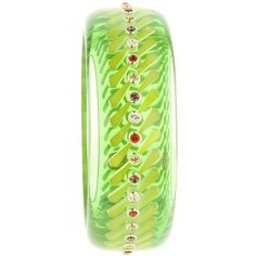 This unique, joyful bangle was created from vintage Prystal in a beautiful transparent green. Inlaid pieces of bright greenish-yellow bakelite taper towards the center and feature a citrine, peridot, smoky quartz or white topaz bezel-set in 18k yellow gold. Prystal pieces are especially rare. Metal 18-Karat Yellow Gold (Au750) Gemstones Citrine 0.96 ctwPeridot 1.28 ctwSmoky Quartz 0.96 ctwWhite Topaz 1.35 ctw Dimensions Inner Diameter 65.00 mm (2.54 in)Inner Circumference 204.20 mm (8.04 in)Widt Unique Bangle, Bakelite Bangles, Vibrant Green, White Topaz, Smoky Quartz, Gift Necklace, Citrine, Ring Earrings, Topaz