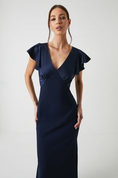 V Neck Angel Sleeve Satin Bridesmaids Dress Satin Navy Dress, Navy Blue Wedding Guest Outfit, Dark Blue Bridesmaid Dress, Dark Blue Satin Dress, Autumn Wedding Guest Outfit, Blue Wedding Guest Outfits, Elegant Navy Blue Dress, V Neck Satin Dress, Vietnam Tailor