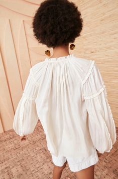 Maeve Blouse - Blanc – Ulla Johnson Feminine Ruffled Peasant Top For Brunch, Feminine Ruffled Peasant Top For Daywear, Chic Ruffled Peasant Top For Daywear, Spring Ruffled Tops For Gatherings, Billowy Long Sleeve Peasant Top With Ruffles, Feminine Long Sleeve Peasant Top With Ruffles, Chic Peasant Top With Puff Sleeves And Ruffles, Elegant Ruffled Tops For Gatherings, Elegant Long Sleeve Blouse With Gathered Neckline