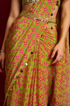 Pink saree with geometric floral print and hand embroidered glass beads on border. Paired with a lime green padded blouse with hand embroidered geometric motifs. - Aza Fashions Floral Print Sarees, Padded Blouse, Geometric Motifs, Pink Saree, Printed Sarees, Pink Glass, Aza Fashion, Lime Green, Hand Embroidered