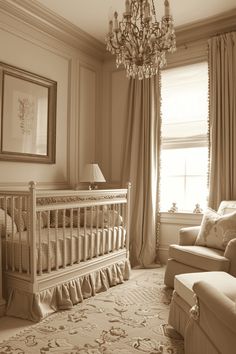 a baby's room with a chandelier, chair and crib in sepia tone