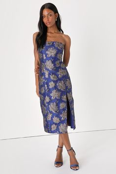 Blue 3D Floral Dress - 3D Applique Dress - Strapless Midi Dress - Lulus Fall Cocktail Dress, Navy Blue Midi Dress, Strapless Midi Dress, Midi Ruffle Dress, Adhesive Bra, Black Sequin Dress, Straight Neckline, Applique Dress, Floral Jacquard