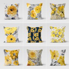 six yellow and white pillows with flowers on them, all in different shapes and sizes