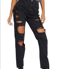 These Jeans Are Perfect For Adding A Grunge Vibe To Any Look Featuring A Washed Black Denim With Distressed Detailing And A Straight Leg Fit, Team These With A Tee And Chunky Boots To Complete Your Outfit Of The Day. Great Addition To Any Wardrobe . Nice Fitting Jeans. New With Tags Usa-Size 2 Uk Size 6 (Inseams 30 Inches ) Black Distressed Jeans In Grunge Style, Black Distressed Grunge Jeans, Black Ripped Grunge Bottoms, Ripped Black Grunge Bottoms, Edgy Black Bottoms With Holes, Spring Black Ripped Jeans, Edgy Black Jeans With Holes, Edgy Distressed Black Jeans, Edgy Black Distressed Jeans