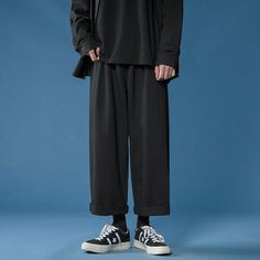 Wiaofellas Casual Pant Men Cotton Baggy Wide Leg Pants Ankle Length Elastic Waist Loose Straight Trousers Men Black Relaxed Fit Harem Pants For Winter, Black Harem Pants For Winter, Black Straight Leg Casual Harem Pants, Casual Black Straight Leg Harem Pants, Black Baggy Harem Pants For Winter, Casual Black Harem Pants With Elastic Waistband, Casual Loose Fit Ankle-length Harem Pants, Casual Plain Pants For Fall, Black Plain Wide Leg Bottoms