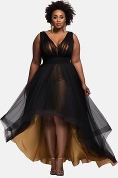 Xpluswear Design Plus Size Formal Black V Neck High Low Hem Fold Tulle Midi Dresses Xpluswear Plus Size Gala Dress, Ball Dress Ideas, Black Tie Event Dresses, Mother Of The Bride Plus Size, Bride Plus Size, Wedding Reception Party, Tulle Midi Dress, Black Dresses Classy, Elegant Mini Dress