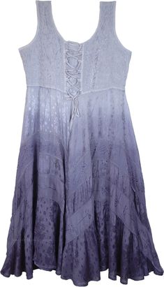 An enticing all-season dress with an exotic lavender blue dual shade.  With a simple scooped neck and tie-ups at the front, it is quite comfortable to wear. #tlb #Sleeveless #Embroidered #Lace #MedievalDress #RenaissanceDress #WesternDress Peasant Dress Costume, Bridesmaids Outfits, Dress Medieval, Magic Clothes, Dress Western, Boho Goth, 50th Clothing, Ombre Dress, Ombre Fashion