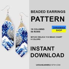 an advertisement for beaded earrings pattern, featuring blue and white snowflakes on them