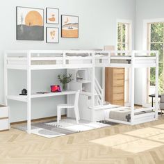 a white loft bed with stairs and desk in the corner, next to a chair