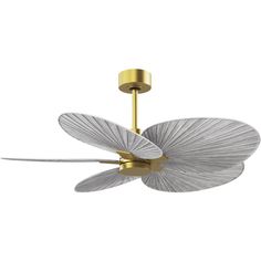 a white ceiling fan with gold accents