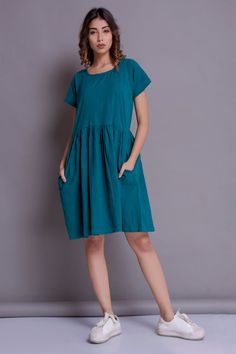 Short sleeved Dress Teal Linen dress Summer dress Knee | Etsy Cotton Midi Dress With Pockets For Work, Short Sleeve Midi Dress With French Seams For Daywear, Cotton Short Sleeve Dress With Pleated Waist, Cotton Dress With Pleated Waist And Short Sleeves, Casual Solid Color Dresses With Pockets, Casual Solid Dresses With Pockets, Cotton Midi Dress With Relaxed Fit, Relaxed Fit Mini Dresses For Work, A-line Dress With Pockets For Daywear