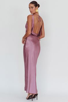 Satin maxi dress Cowl neck Backless with tie Invisible side zipper No lining You'll look like you just stepped straight off the red carpet in our gorgeous Cassiopeia dress. Featuring a cowl neckline and an open, draped back. It's perfect for a wedding or special birthday celebration. Team it with diamante heels and a clutch for a show stopping look. MODEL INFO Model is wearing size XS Height: 5'10" Bust: 36.0" Waist: 25.5" Hips: 33.0" CARE Hand Wash Cold. Do Not Iron. MATERIAL POLYESTER Backless Dress With Side Slits For Date Night, Date Night Backless Dress With Side Slits, Dressy Fitted Maxi Length Slip Dress, Spring Satin Maxi Dress With Back Opening, Backless Maxi Dress With Side Slits For Date Night, Date Night Backless Maxi Dress With Side Slits, Backless Evening Dress For Date Night In Spring, Spring Party Backless Dress With Side Slits, Bias Cut Dress For Date Night