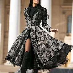 Top Rated Womens Fashion Floral Long Coat Lace Patchwork Lapel Collar Slim Trench Outwear, Women's Coats, Jackets & Vests Sukienki Maksi, Chique Outfits, Womens Fall Dress, Upcycled Fashion, Long Sleeve Print Dress, Long Black Dress, Cosplay Dress, Sleeve Jacket, Fashion Vintage