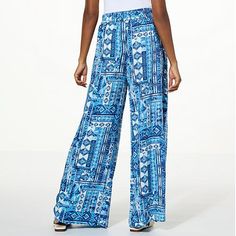 G by Giuliana Printed Challis Pull-On Pleated Palazzo Pant  Prints Charming! Update your everyday basics with this bold ikat/tribal print. With an effortless pull-on style, flattering pleat detail, pockets, and wide palazzo legs, this fashionable (and functional) pant is a must-have for your forever wardrobe. Versatile Blue Bottoms For Vacation, Casual Stretch Patterned Pants, Casual Printed Blue Bottoms, Casual Blue Printed Bottoms, Blue Printed Bottoms For Vacation, Printed Blue Bottoms For Vacation, Versatile Blue Bottoms For Beach, Versatile Blue Beach Bottoms, Blue Printed Bottoms With Relaxed Fit