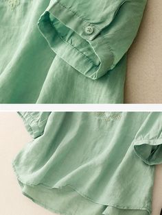 Shirt Collar Casual Cotton And Linen Blouse | zolucky Green Collared Linen Blouse, Spring Linen Button-up Blouse, Casual Linen Button-up Blouse, Vintage Linen Collared Blouse, Casual Linen Blouse With 3/4 Sleeves, Shirt Collar Pattern, Collar Pattern, Linen Blouse, Dress Shirts For Women