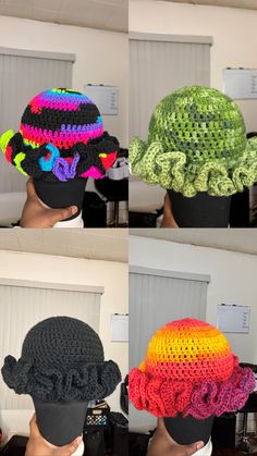 crocheted hats are shown in four different colors and sizes, including black, green, red, yellow, pink, blue