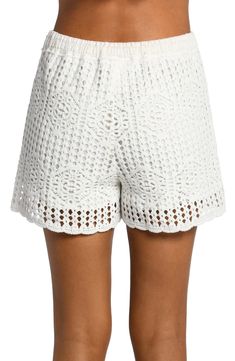 A tonal lining makes these crochet-inspired cover-up shorts opaque so you can relax by the water with full confidence. 3" inseam; 26" leg opening; 13" front rise; 13" back rise (size medium) 100% cotton Lined Hand wash, dry flat Imported Crochet Lace Beach Bottoms For Summer, Summer Beach Crochet Lace Bottoms, Summer Crochet Bottoms For Beach, White Crochet Beach Bottoms, Crochet Bottoms For Beach Vacation, Crochet Lace Beachwear Bottoms For Vacation, Crochet Lace Bottoms For Beach Vacation, White Crochet Bottoms For Beach, Crochet Lace Bottoms For Beachwear Vacation