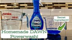 the ingredients for homemade dawn powerwash are displayed in front of a tiled backsplash