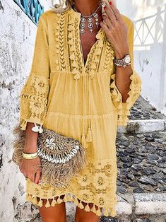 Justfashionnow Summer Dresses 1 Boho Dresses V Neck Holiday Paneled 3/4 Sleeve Dresses Boho Summer Dresses Bohemian, Boho Style Aesthetic, Yellow Boho Dress, Lace Dress Boho, Straight Clothes, Summer Sewing, Beach Mini Dress, Country Girls Outfits, Boho Summer Dresses