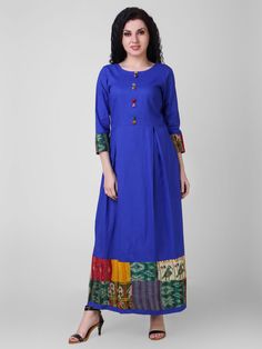 Blue Cotton Silk Hand Made Kantha Dress Blue Cotton Silk Dress With Zari Work, Blue Chanderi Dresses With Cutdana, Blue Cotton Silk Kurta For Navratri, Blue Dresses With Resham Embroidery In Cotton Silk, Blue Cotton Silk Straight Kurta, Blue Anarkali Dress In Chanderi, Floor-length Blue Kurta For Navratri, Blue Cotton Silk Kurta For Festivals, Blue Cotton Silk Anarkali Dress