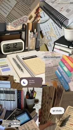 a collage of books, papers and other items on a desk with the time displayed