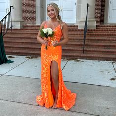 Beautiful Jovani Prom Dress Bright Orange. Size 2 With Slight Alterations. See Updated Photos For Imperfections And Measurements. The Slit Is Approximately 32 In. The Picture Is Not Clear Please See The Teardrop Earrings In My Page That Match The Dress Perfectly. Bright Orange Prom Dress, Jovani Prom Dress, Orange Prom Dresses, Jovani Prom, Prom Dresses Jovani, Prom Dress Color, Jovani Dresses, Fancy Dresses, Bright Orange