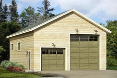 two garages are shown in front of some trees and bushes on the other side