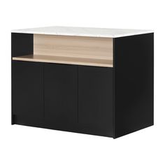 a black cabinet with white marble top and wooden bottom, against a white background or wall