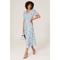 Blue printed crepe (98% Polyester, 2% Elastane). Hourglass. Short sleeves. V-neckline. Hidden center back zipper with hook-and-eye closure. Fully lined. 48.5" from shoulder to hemline. Imported. V-neck Printed Midi Dress For Daywear, Printed V-neck Midi Dress For Daywear, Formal Printed V-neck Dress, Summer Evening V-neck Dress With Notched Neckline, Printed V-neck Midi Dress For Evening, Blue Viscose V-neck Midi Dress, Blue V-neck Viscose Midi Dress, Chic Printed Midi Dress With Surplice Neckline, Summer Evening Midi Dress With Notched Neckline