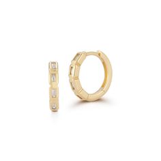 14kt Baguette Diamond Huggies Beautiful baguette diamonds are handset in gold bezels to form this perfect pair of Huggies. Made in New York City. 14kt Yellow Gold 1.4gm Gold 0.12ct Diamonds 12mm Hoops Snap Closure Made in New York City Diamond Huggie Earrings, Diamond Huggies, Baguette Diamonds, Nova York, Timeless Accessories, Stunning Jewellery, Baguette Diamond, Diamond Design, Diamond Sizes