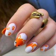 Cute Fox Nail Designs, Fox Design Nails, Nail Art Fox Design, Fox Nails Designs, Fox Nail Designs, Fox Nail Art, Animal Nail Designs, Thanksgiving Nail Art