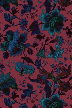 a red background with blue flowers and birds