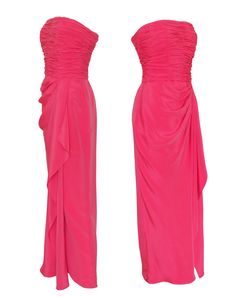 "This vintage Loris Azzaro evening gown is made of a bright pink jersey and features a fitted bodice with light boning and beautifully gathered and pleated fabric that is hand stitched into place. Perfectly draped fabric forms the skirt. The dress closes with a hidden back zipper and a metal hook and eye. No material tag, probably 100% silk. Made in France. The reference picture shows Marisa Berenson in a very similar Loris Azzaro dress. Photo by Michael Holtz, 1972. Condition Excellent. Size No Pink Pre-draped Maxi Dress For Cocktail, Pink Maxi Dress With Ruched Fitted Bodice, Pink Ruched Maxi Dress With Fitted Bodice, Pink Ruched Pre-draped Evening Dress, Pink Evening Dress With Pleated Fitted Bodice, Elegant Pink Dress With Ruched Sides, Pink Pleated Bodice Maxi Dress For Prom, Evening Pink Ruched Maxi Dress, Pink Evening Dress With Ruched Sides