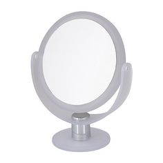 a small round mirror on top of a metal stand with a circular light in the middle