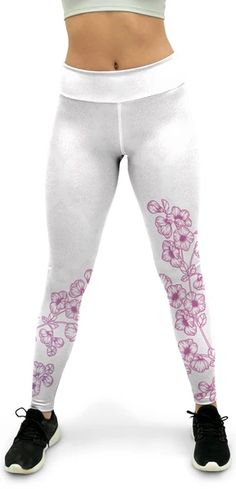 Pink Sakura Yoga Pants Spring Yoga Pants With Elastic Waistband For Gym, Pink Stretch Printed Bottoms, White Floral Print Lounge Pants, Pink Yoga Pants For Spring Loungewear, Spring White Yoga Activewear, White Spring Yoga Activewear, White Yoga Pants With Elastic Waistband, White Floral Print Loungewear Bottoms, White Stretch Printed Pants