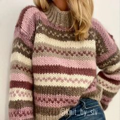 a woman wearing a striped sweater with her hands in her pockets and the words, knit by siv sagul