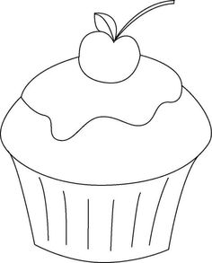 a cupcake with icing and a cherry on top, outlined in black and white