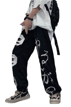 Casual Loose Black Unisex Pants With Elastic Graffiti Print Hieroglyphs Harajuku Style Aesthetic Stores, Trendy Pants, Unisex Pants, Harajuku Style, Graffiti Prints, Harajuku Fashion, Vintage Streetwear, Casual Tee, Tank Shirt