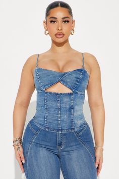 Available In Medium Wash. Denim Cami Top Sleeveless Adjustable Straps Boning Detail Sweetheart Knot/Twist Front Cut Out Detail Back Zipper Closure Stretch Self: 80% Cotton 17% Rayon 3% Spandex Imported | Sneak Peek Denim Top in Medium Wash size XS by Fashion Nova Fitted Denim Blue Sleeveless Tank Top, Fitted Denim Tank Top In Denim Blue, Sleeveless Denim Blue Crop Top, Trendy Fitted Sleeveless Denim Top, Stretch Denim Sleeveless Tank Top, Dark Wash Denim Sleeveless Tank Top, Fitted Dark Wash Tank Top, Fitted Dark Wash Sleeveless Tank Top, Dark Wash Denim Tank Top