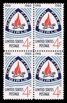 four postage stamps depicting the united states'fire department, with red and blue flames on them