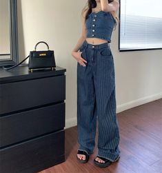 Product information:Fabric name: denimStyle: 90s/Street/Casual/Vintage/PreppyWaist type: high waistDenim color: dark blueSize Information:Size: S/M/L Skirt And Sneakers, Black Halter Dress, Vintage Preppy, High Waist Denim, Split Maxi Dress, Striped Jeans, Denim Color, Denim Style, Loose Sweater