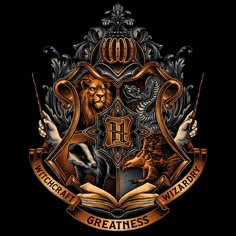 the hogwarts crest with two lions and an open book in front of it