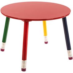 a red table with four colored legs