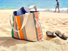 "My preppy stripped beach bag, is a large canvas handbag stripe in pink, orange, green and grey. Classic and modern, this bag is great for beach, market, gym, travel... it has a zillion uses. Check out the handy wallet sized pockets on the inside, the bag is fully lined with a snap closure. This colorful bag is a great girlfriend, mom, or hostess gift, mostly I'm seeing folks nab them for their selves (encouraged!) Made to order. The original artwork is designed by me in my Oakland studio and pr Boat Tote, Large Beach Bags, Vegan Purses, Oversized Tote, Colorful Bags, Canvas Handbags, Bag Canvas, Canvas Shoulder Bag, Large Tote Bag